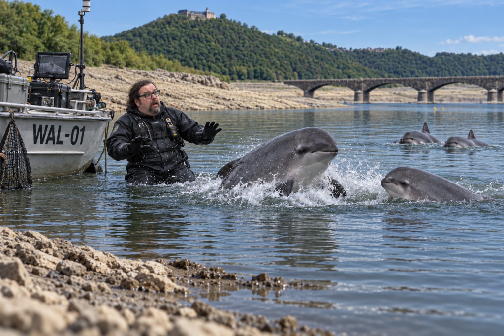 Dr. Mike Weishaar steht neben WAL-01 im Niedrigwasser des Edersees. Ein Schweinswal schĂŒtzt Bibi, im Hintergrund sind Edersee-BrĂŒcke und bewaldete HĂ€nge zu sehen.